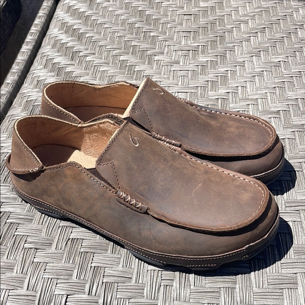 OluKai Men's Dark Brown Leather Slip-Ons